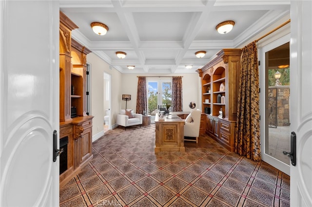 office with beamed ceiling, ornamental molding, french doors, and coffered ceiling