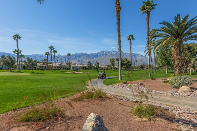 view of property's community with a lawn and a mountain view