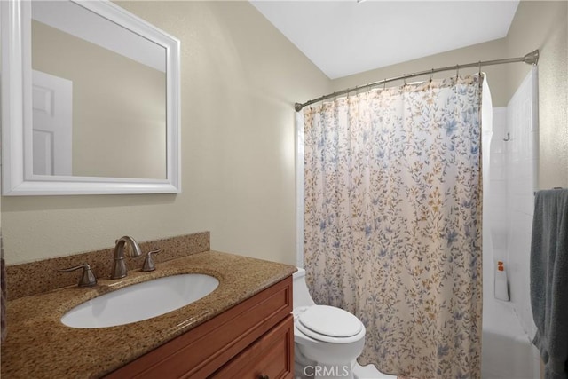 full bathroom with vanity, toilet, and shower / bathtub combination with curtain