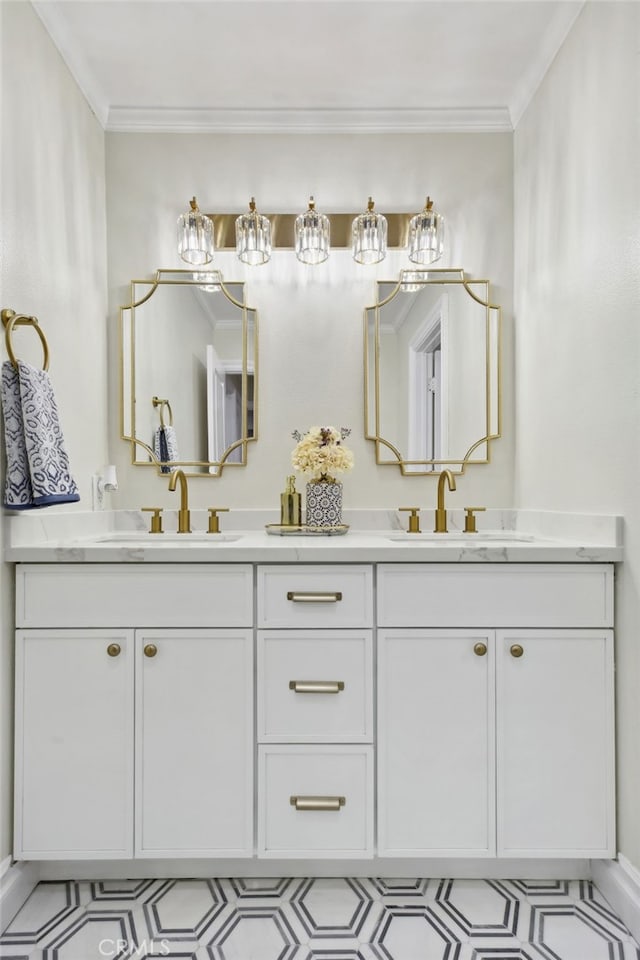 bathroom with vanity and ornamental molding