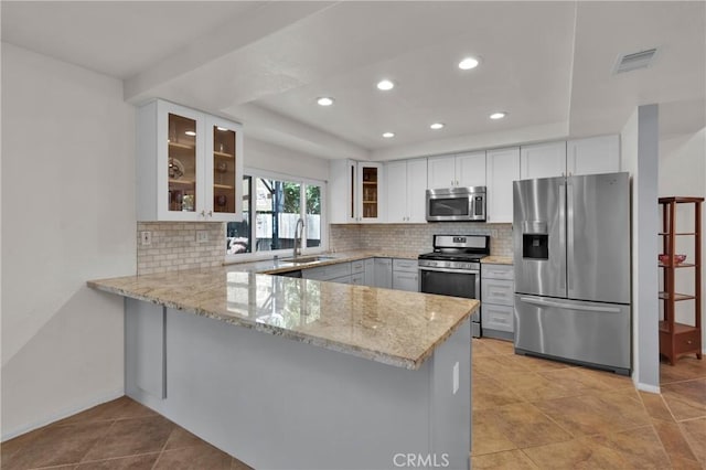 kitchen featuring white cabinetry, sink, kitchen peninsula, decorative backsplash, and appliances with stainless steel finishes