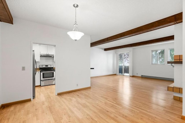 unfurnished living room with beam ceiling, a baseboard radiator, and light wood-type flooring