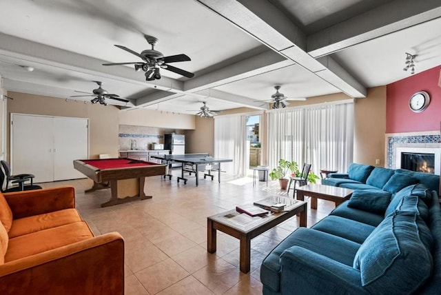 recreation room with sink, coffered ceiling, beamed ceiling, billiards, and light tile patterned flooring