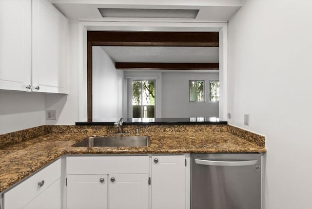 kitchen with dark stone counters, sink, white cabinets, and stainless steel dishwasher