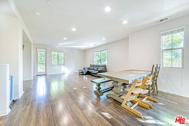 dining room featuring wood-type flooring and a healthy amount of sunlight