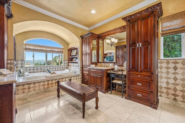 bathroom featuring tile patterned floors, a healthy amount of sunlight, and ornamental molding