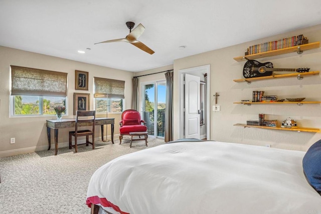 bedroom with access to exterior, ceiling fan, and carpet