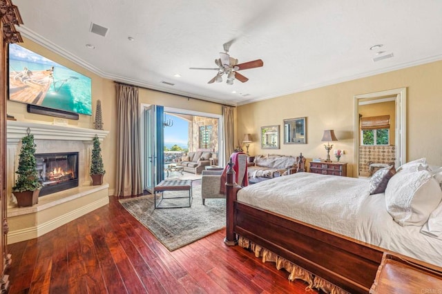 bedroom with access to outside, ceiling fan, dark hardwood / wood-style flooring, and crown molding