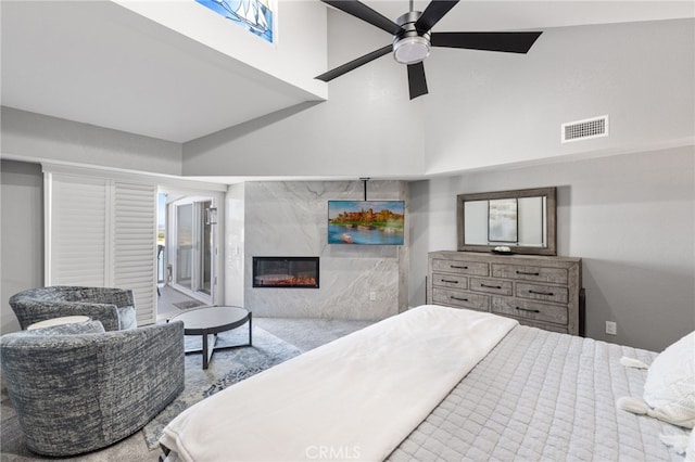 6 Kingston Ct E, Coronado, CA 92118 - bedroom featuring a fireplace, a towering ceiling, and ceiling fan