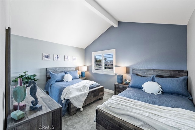 carpeted bedroom with vaulted ceiling with beams and baseboards
