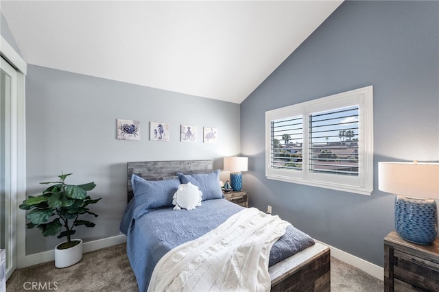 bedroom with lofted ceiling and carpet flooring