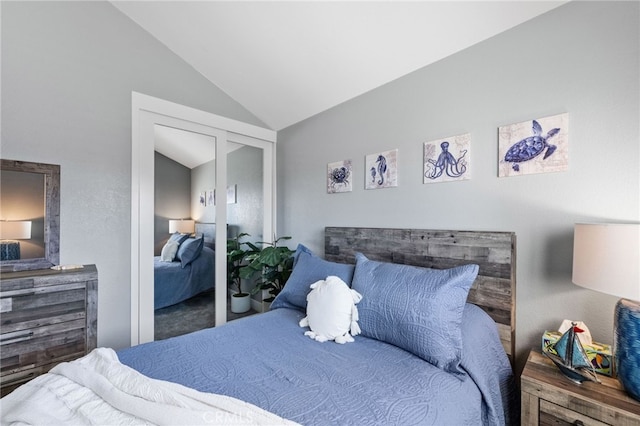 bedroom featuring vaulted ceiling and a closet