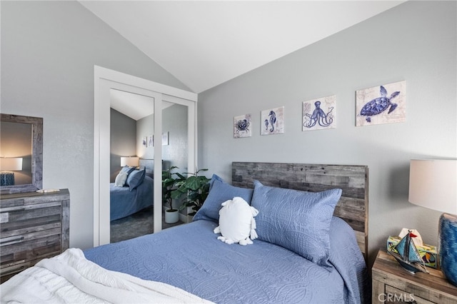 bedroom with lofted ceiling and a closet