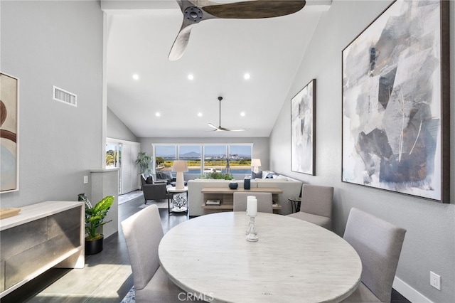 dining room with recessed lighting, high vaulted ceiling, baseboards, visible vents, and ceiling fan
