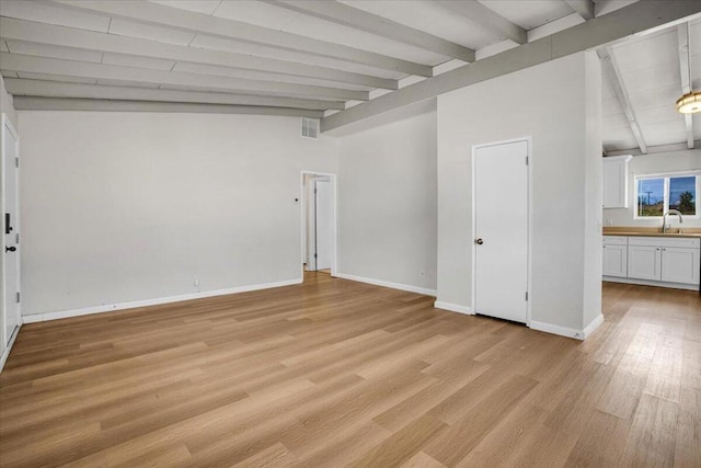 unfurnished living room featuring sink, lofted ceiling with beams, and light hardwood / wood-style flooring