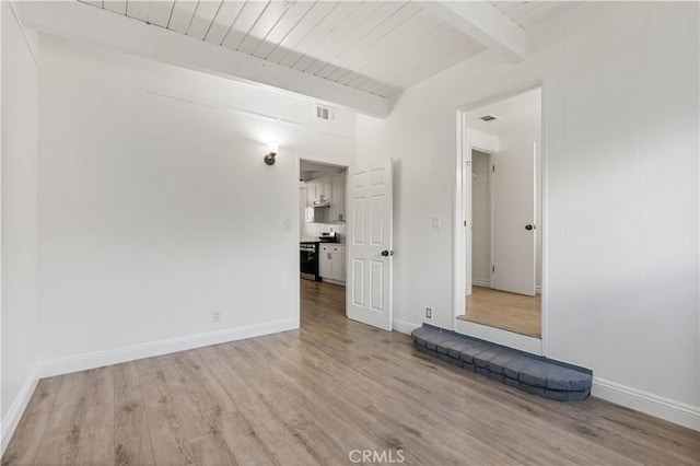 unfurnished room featuring wood ceiling, beamed ceiling, and light hardwood / wood-style floors