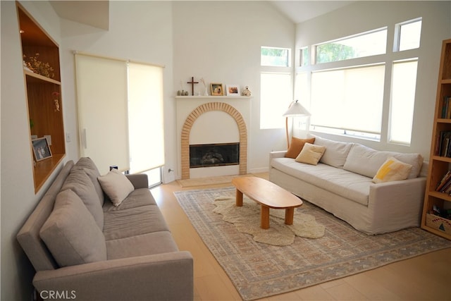 living room with light hardwood / wood-style floors and high vaulted ceiling