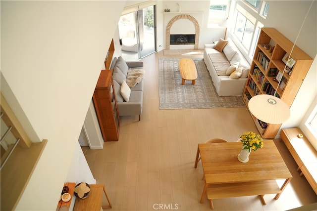 living room featuring light hardwood / wood-style floors, a fireplace, and a towering ceiling