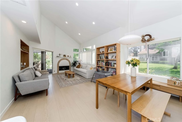 living room featuring high vaulted ceiling and light wood-type flooring