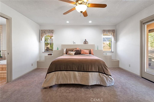 bedroom with carpet, a textured ceiling, access to outside, ceiling fan, and ensuite bathroom