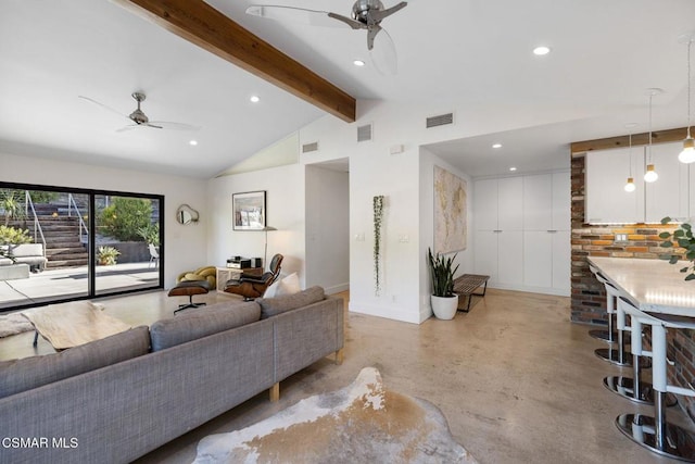 living room with lofted ceiling with beams and ceiling fan