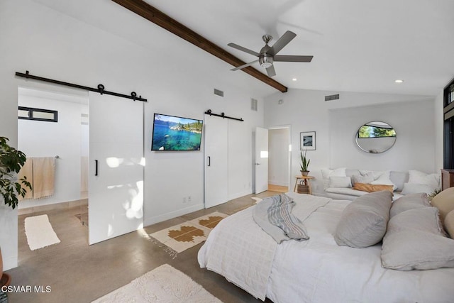 bedroom featuring concrete flooring, a barn door, vaulted ceiling, and ceiling fan