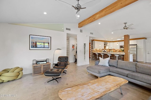 living room with lofted ceiling with beams and ceiling fan