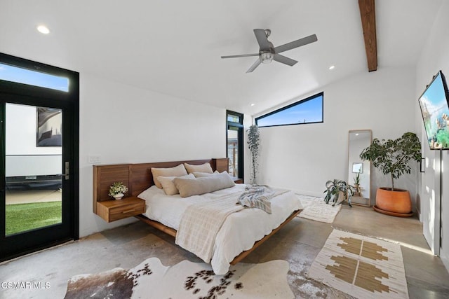 bedroom featuring access to outside, vaulted ceiling with beams, ceiling fan, and concrete flooring