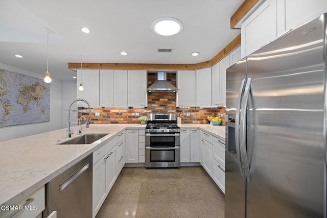 kitchen with sink, hanging light fixtures, wall chimney exhaust hood, white cabinetry, and stainless steel appliances