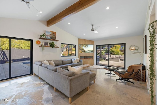 living room with lofted ceiling with beams and ceiling fan