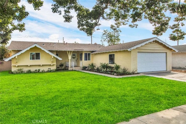 single story home featuring a front yard and a garage