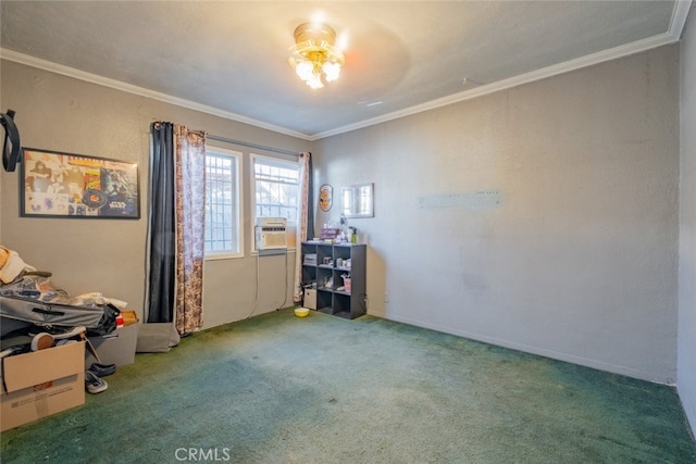 misc room featuring ceiling fan, cooling unit, ornamental molding, and carpet flooring