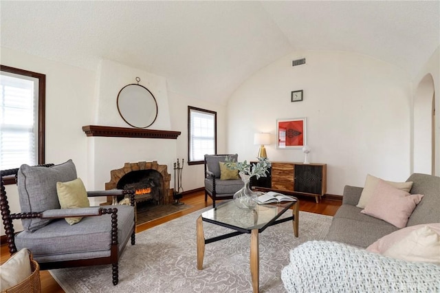 living room with hardwood / wood-style floors and lofted ceiling