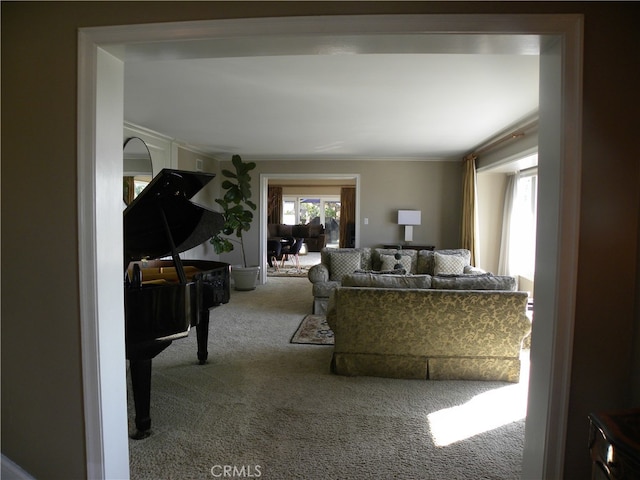 living room featuring carpet and crown molding