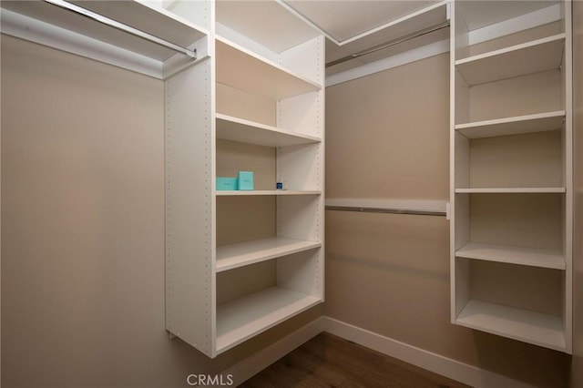 walk in closet with dark wood-type flooring