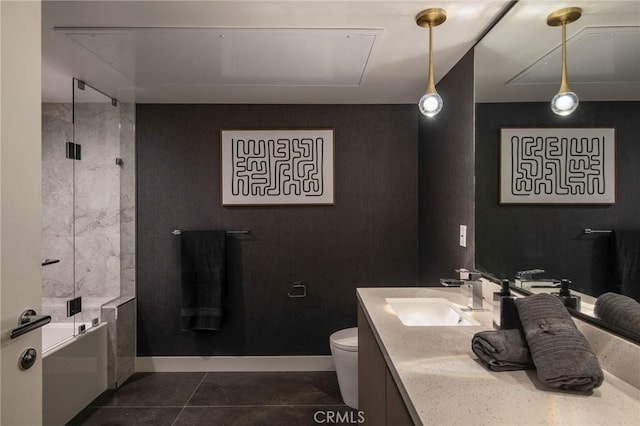 full bathroom featuring tile patterned flooring, vanity, toilet, and shower with separate bathtub