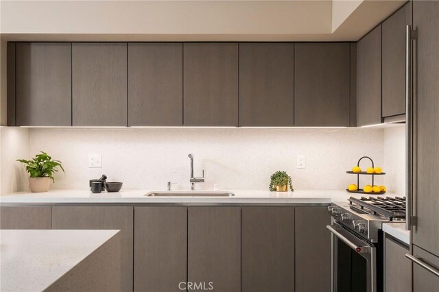 kitchen with gray cabinetry, backsplash, stainless steel range oven, and sink