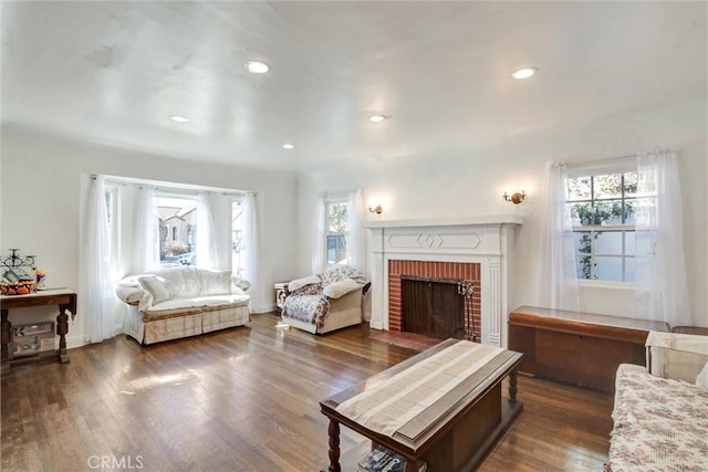 living room with dark hardwood / wood-style floors and a fireplace