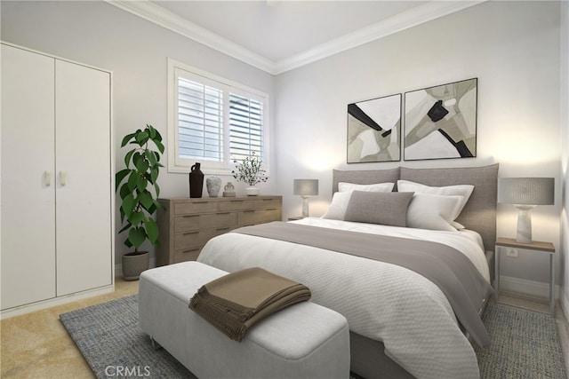 bedroom with crown molding, light carpet, and a closet