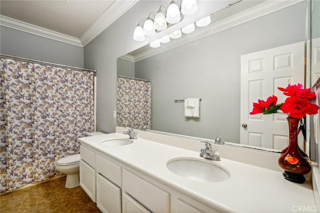 bathroom with a shower with curtain, tile patterned floors, crown molding, toilet, and vanity