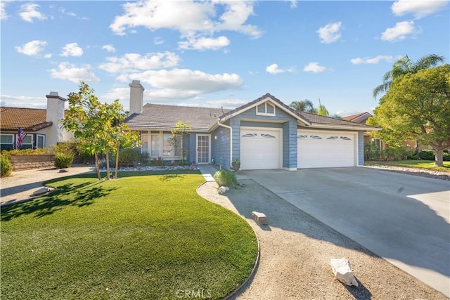 ranch-style house with a front yard and a garage