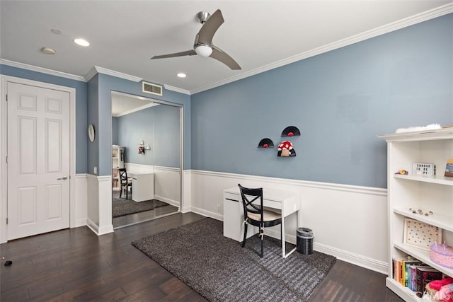 office with ceiling fan, dark hardwood / wood-style flooring, and crown molding