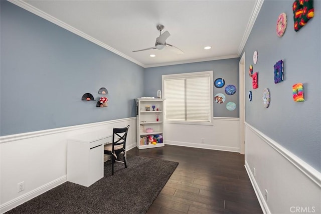 office with ceiling fan, crown molding, and dark wood-type flooring