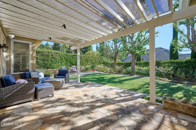 view of patio / terrace with an outdoor hangout area and a pergola