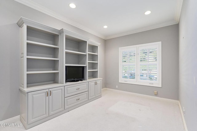 living room featuring light colored carpet and ornamental molding