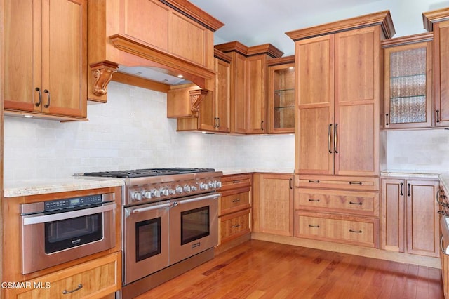 kitchen with light stone counters, light hardwood / wood-style flooring, decorative backsplash, appliances with stainless steel finishes, and custom exhaust hood