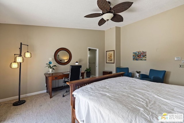 bedroom featuring ceiling fan, light carpet, and lofted ceiling