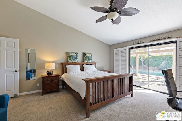 carpeted bedroom featuring access to exterior, high vaulted ceiling, and ceiling fan