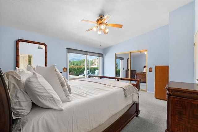 bedroom with light colored carpet and ceiling fan