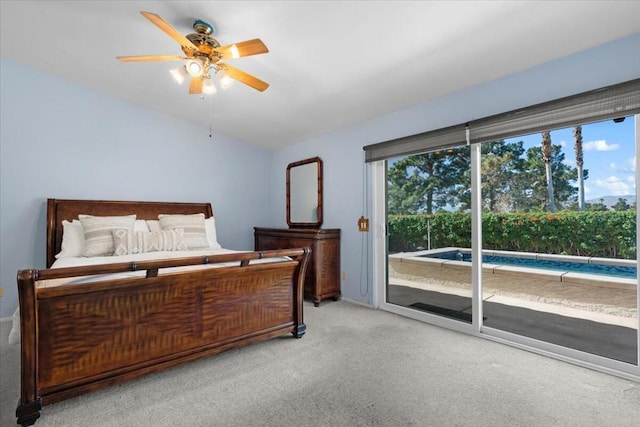 carpeted bedroom featuring ceiling fan and access to outside